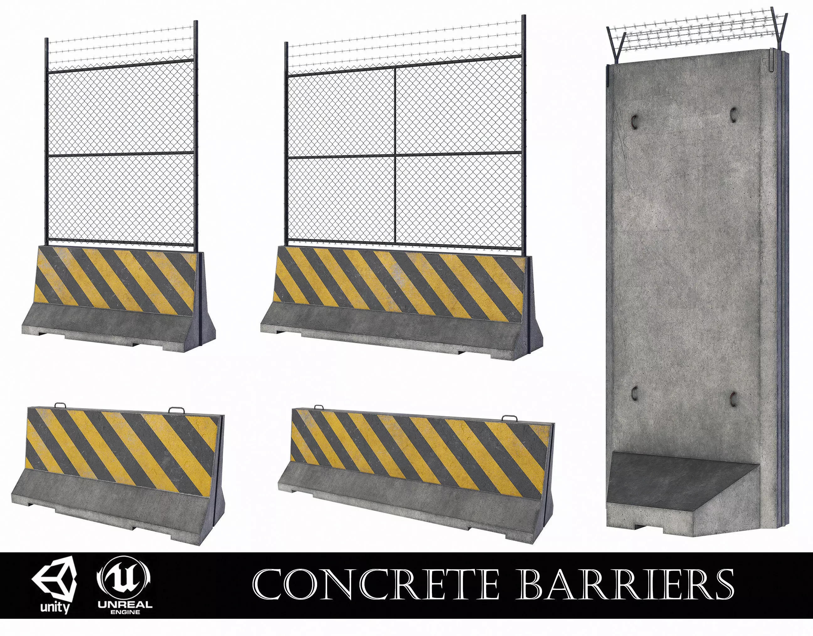 Set of 5 Concrete Barriers Low-poly 3D model_0