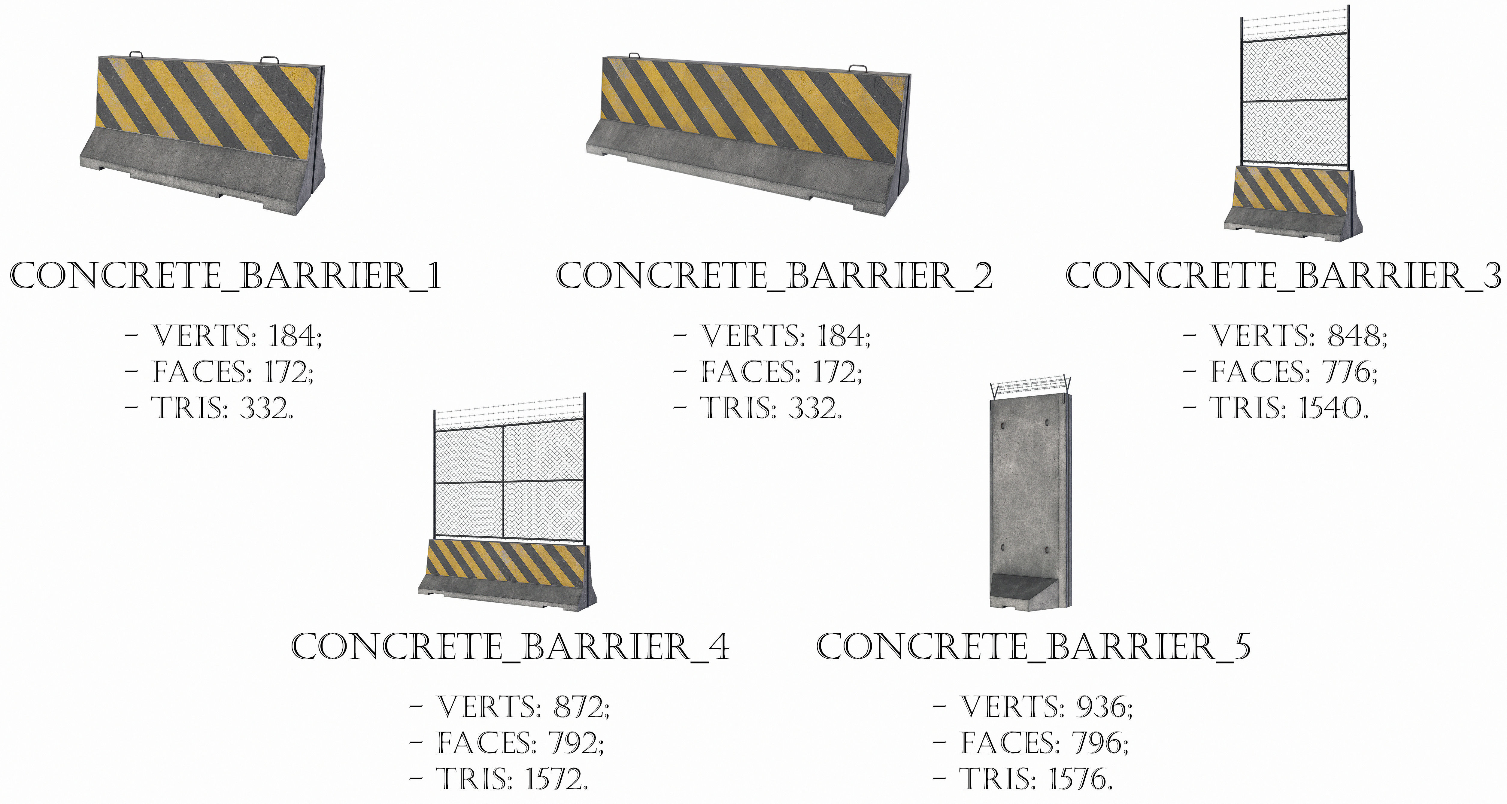 Set of 5 Concrete Barriers Low-poly 3D model_2