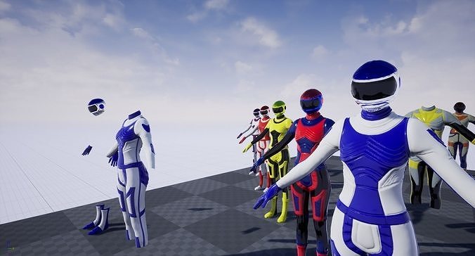 AdrenalineFemaleSuit group of robots Low-poly 3D model