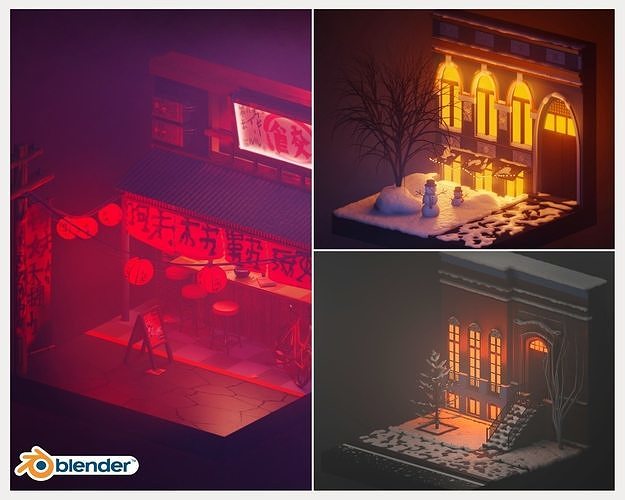 3 Scene of Street  Japan Kiev New York Low-poly 3D model