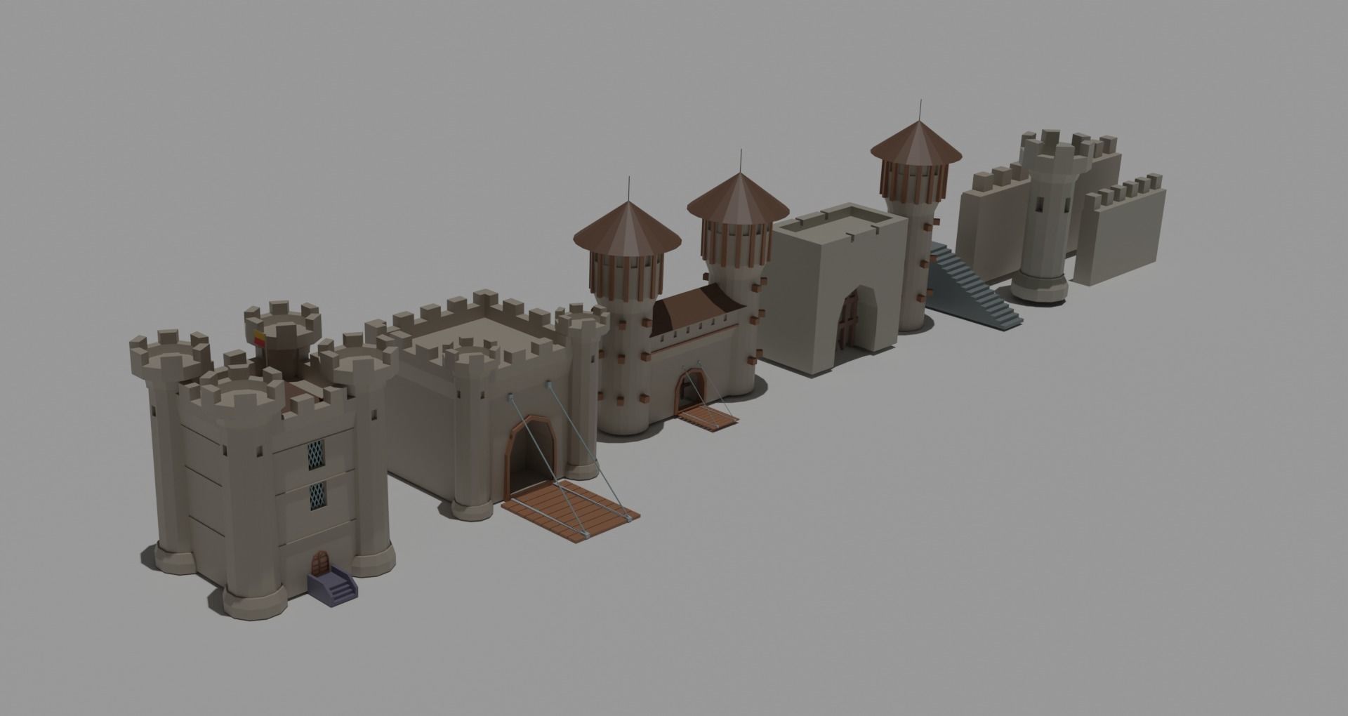 Low Poly Castle with wooden bridge Low-poly 3D model_1