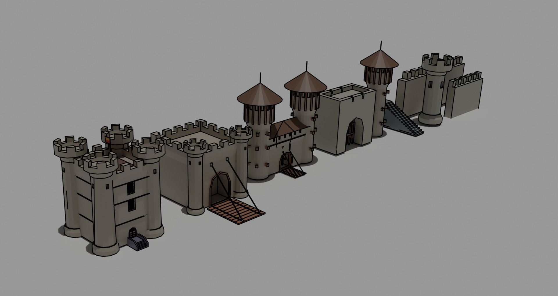 Low Poly Castle with wooden bridge Low-poly 3D model_8