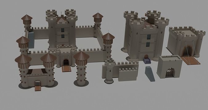 Low Poly Castle with wooden bridge Low-poly 3D model