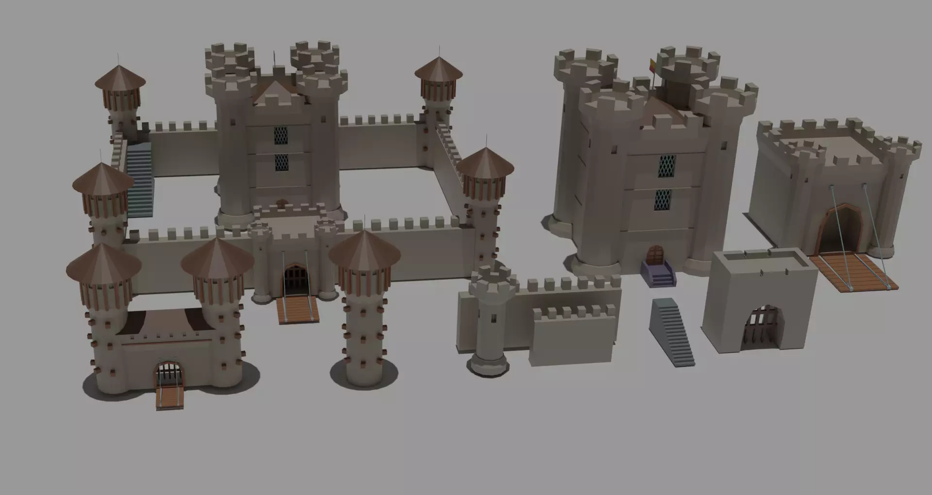 Low Poly Castle with wooden bridge Low-poly 3D model_0
