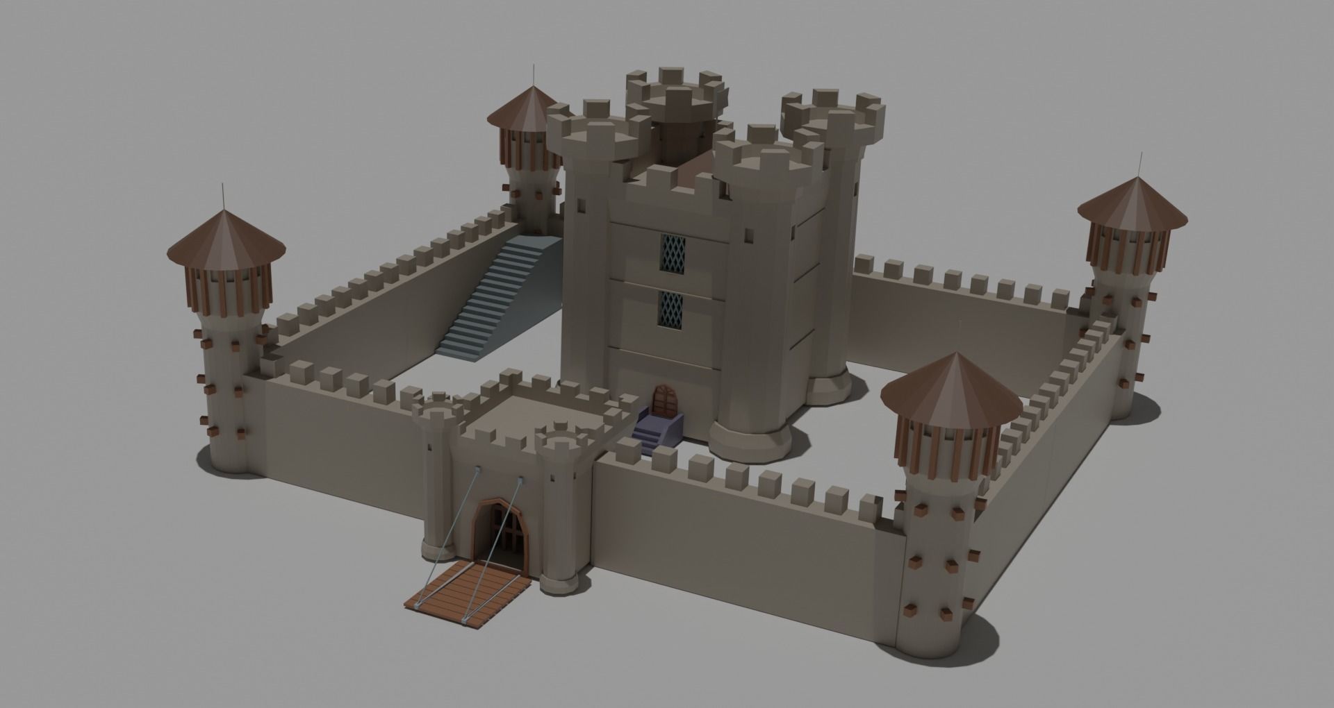 Low Poly Castle with wooden bridge Low-poly 3D model_2