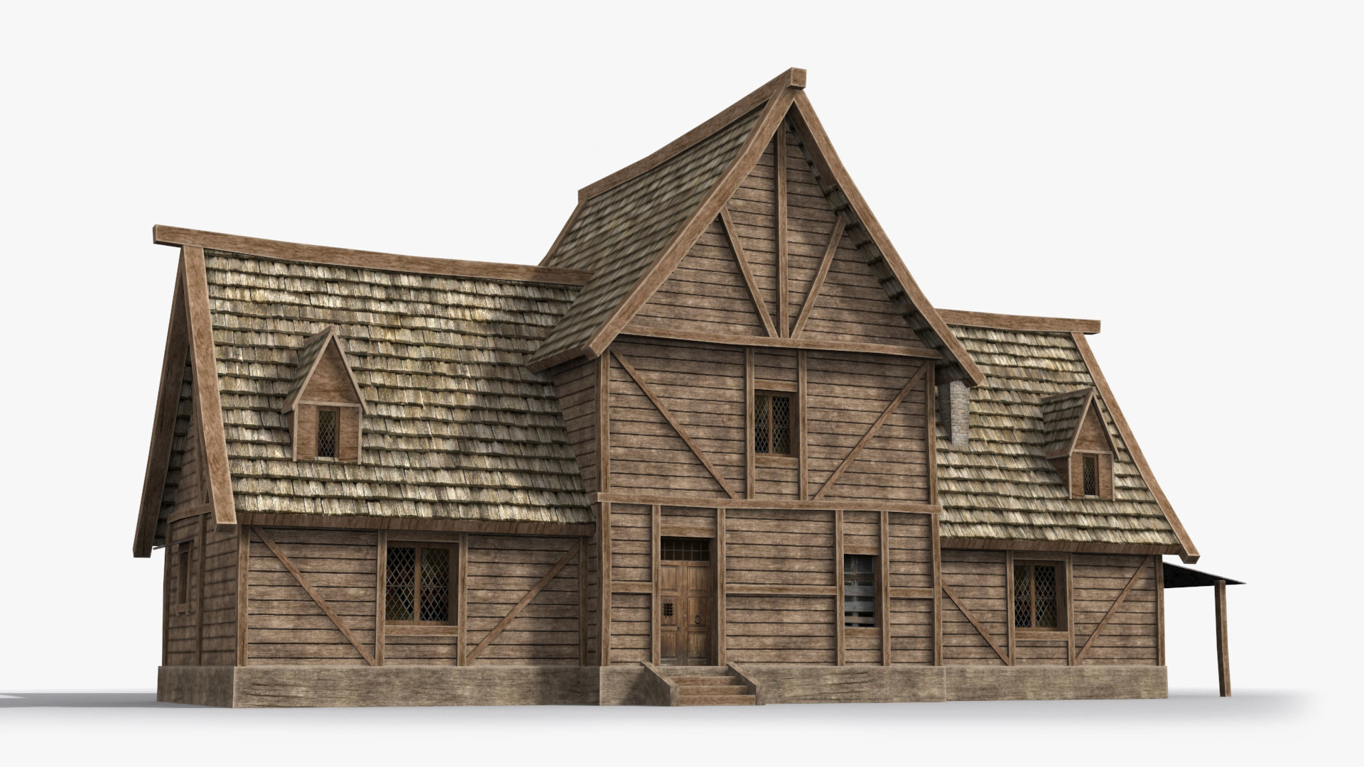 Medieval house x4 Low-poly 3D model_2