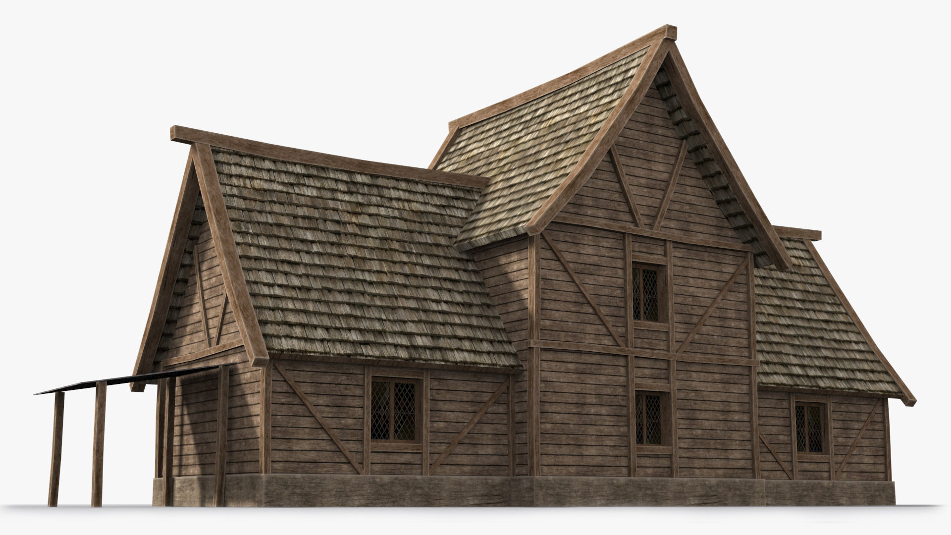 Medieval house x4 Low-poly 3D model_4