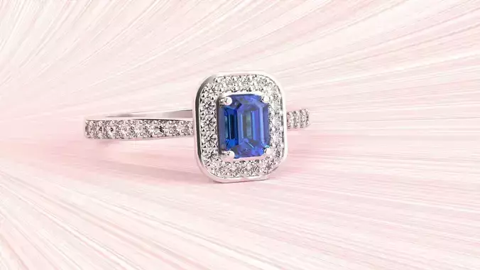 Solitaire with halo diamonds and emerald cut center stone 