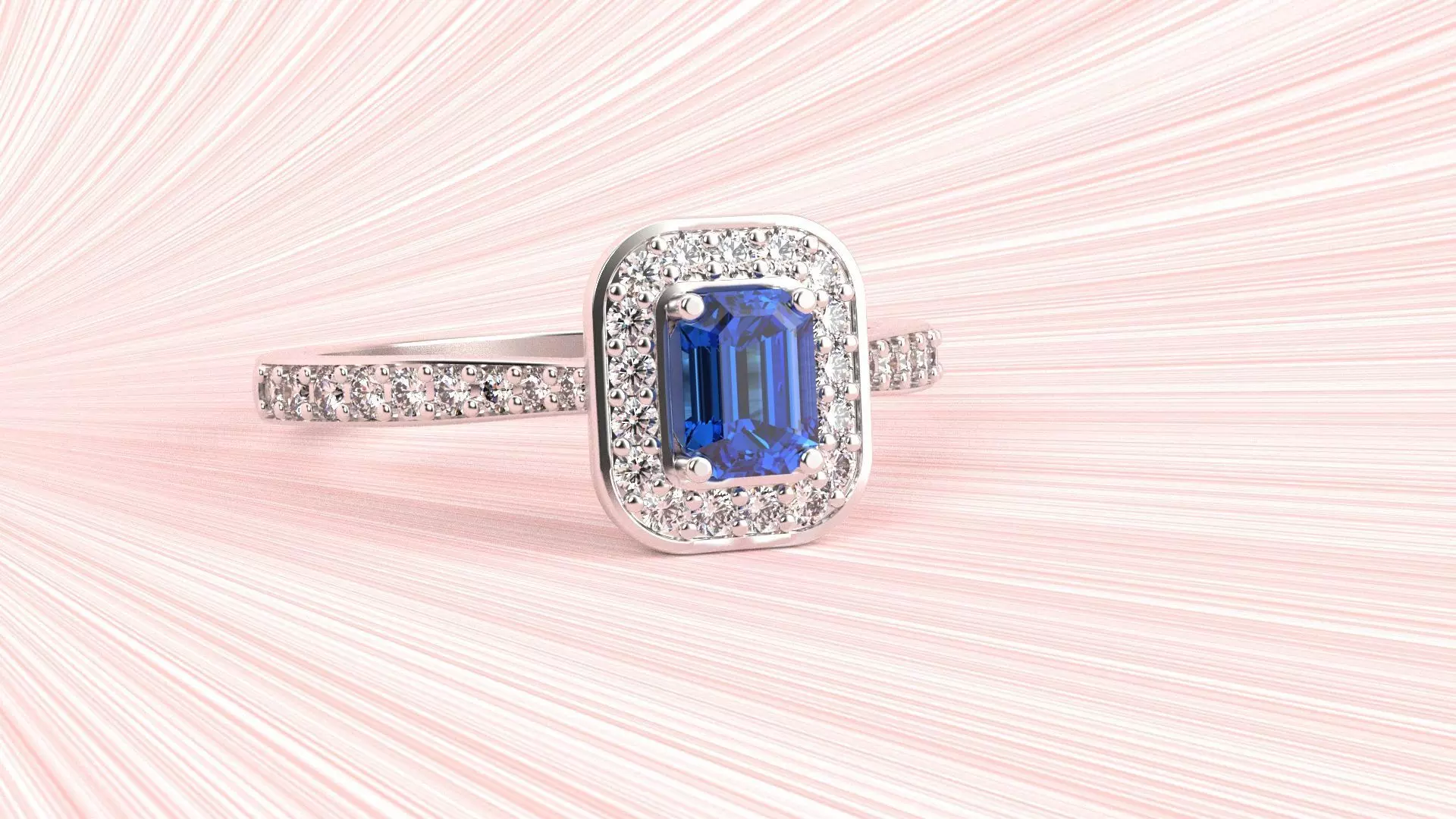 Solitaire with halo diamonds and emerald cut center stone 3D print model_0