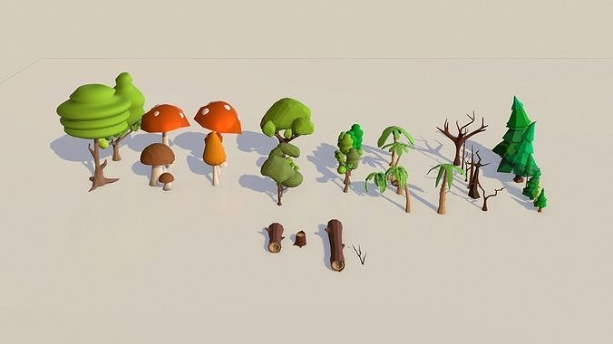Low poly TreePack and some vegetations Low-poly 3D model