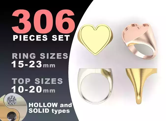 Signet rings set HEART top 3D print model