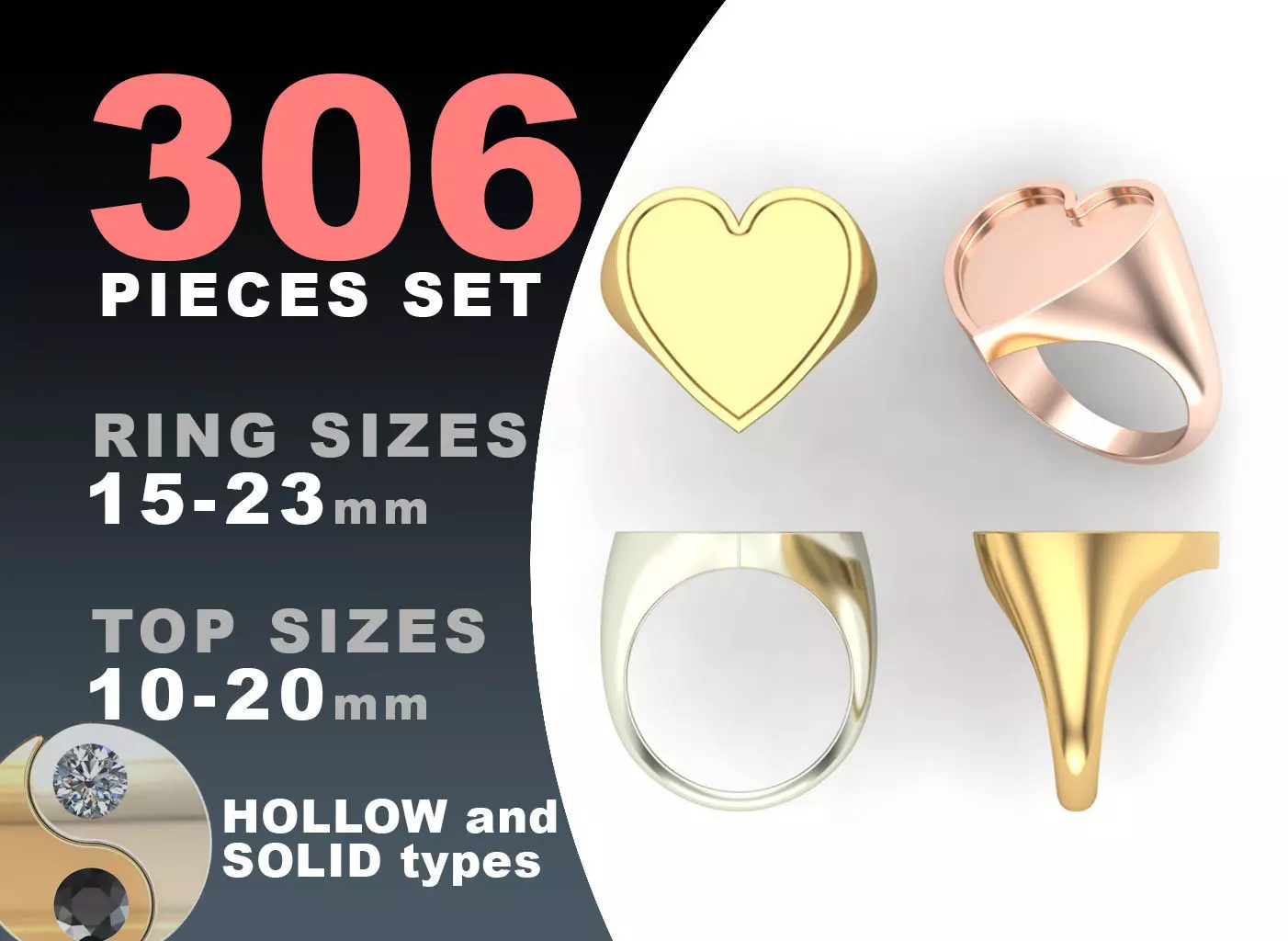 Signet rings set HEART top 3D print model_0