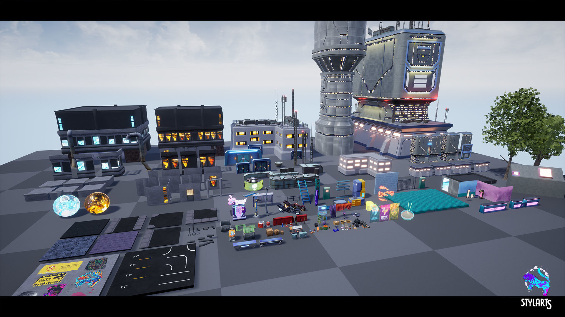 Modular Stylized Cyberpunk Street Low-poly 3D model_14