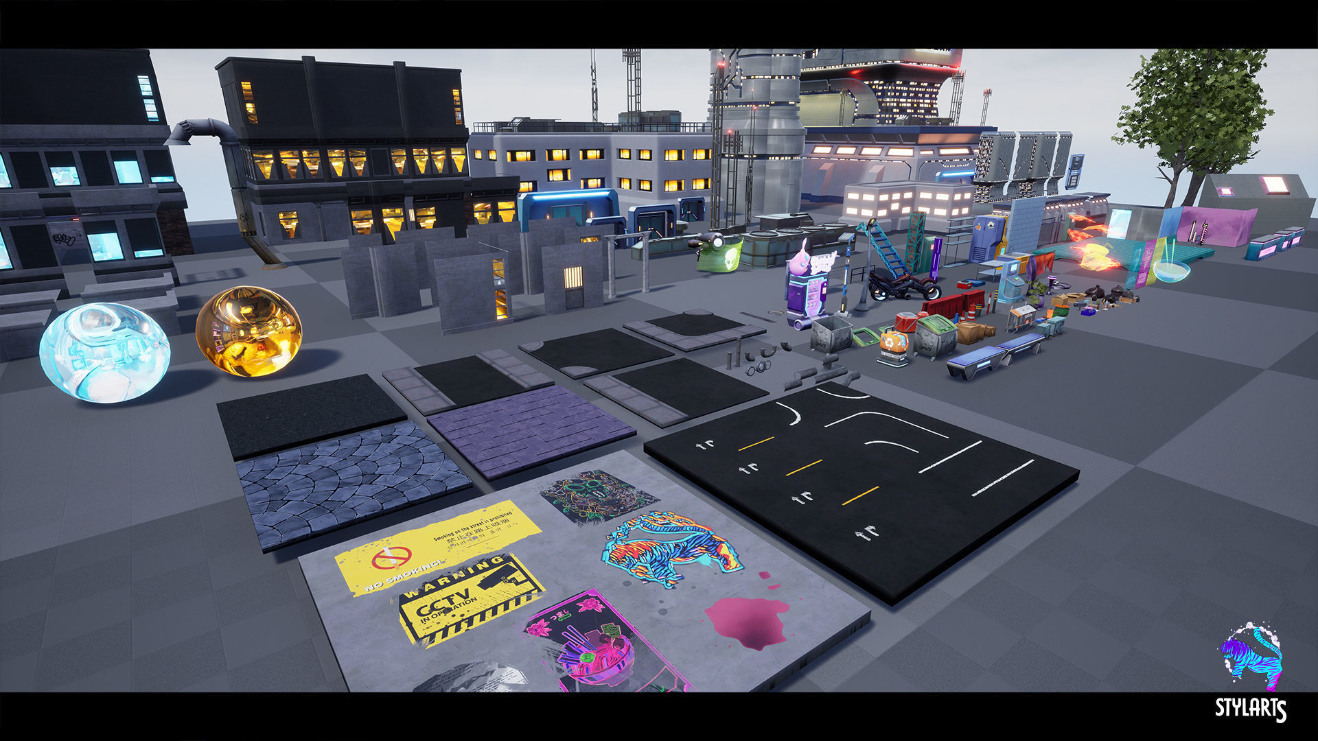 Modular Stylized Cyberpunk Street Low-poly 3D model_15
