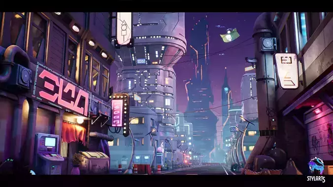 Modular Stylized Cyberpunk Street Low-poly 3D model
