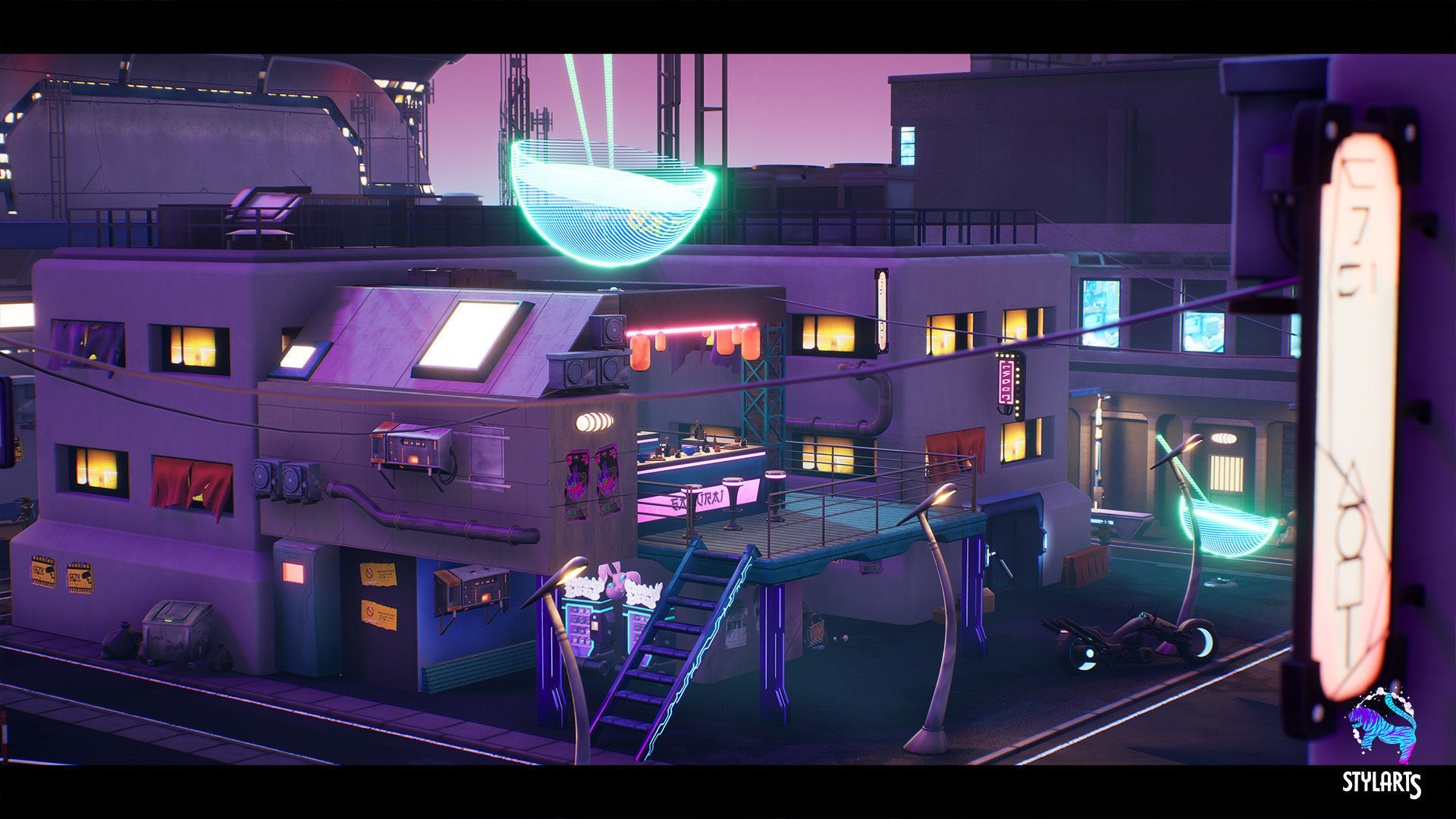 Modular Stylized Cyberpunk Street Low-poly 3D model_3