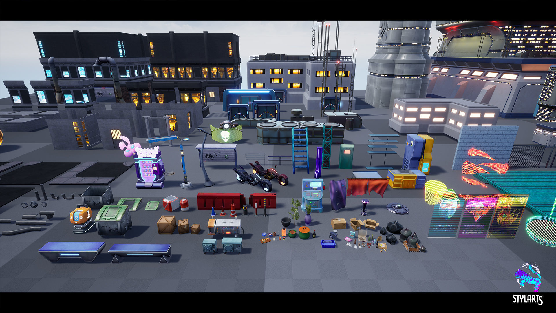 Modular Stylized Cyberpunk Street Low-poly 3D model_13