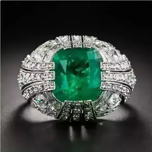 Ring 3D art deco emerald and diamond