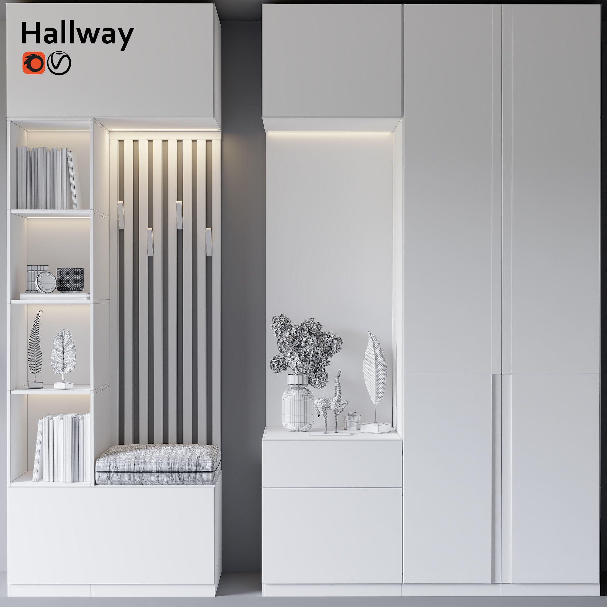hallway furniture with shelves and bookshelves 3D model_2