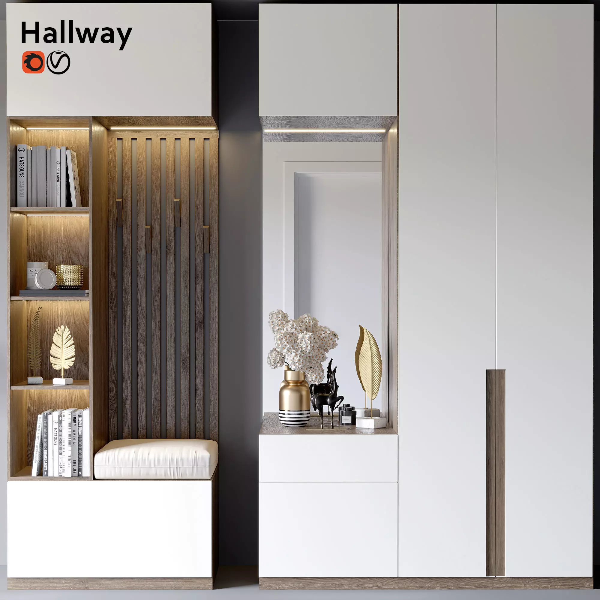 hallway furniture with shelves and bookshelves 3D model_0