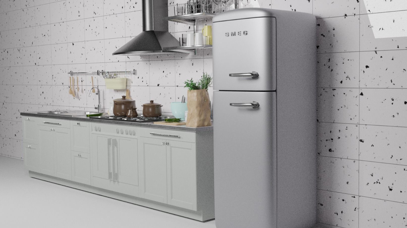 Kitchen Model with refrigerator and stove 3D model_3