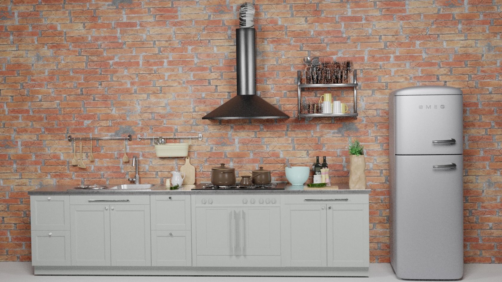 Kitchen Model with refrigerator and stove 3D model_1