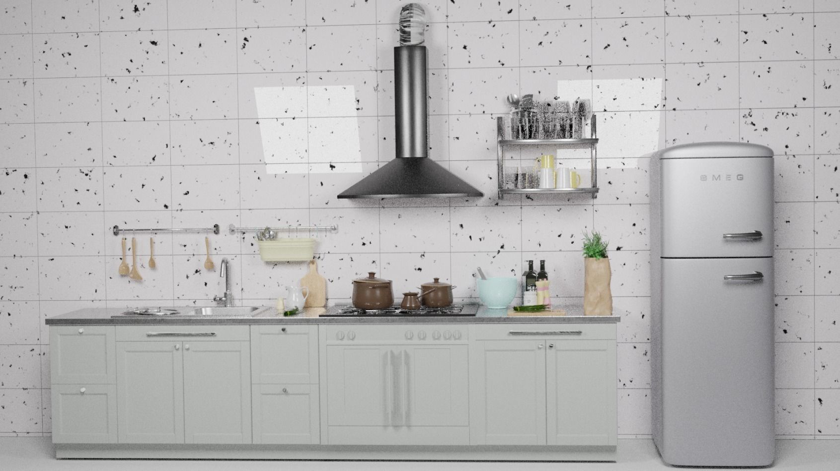 Kitchen Model with refrigerator and stove 3D model_2