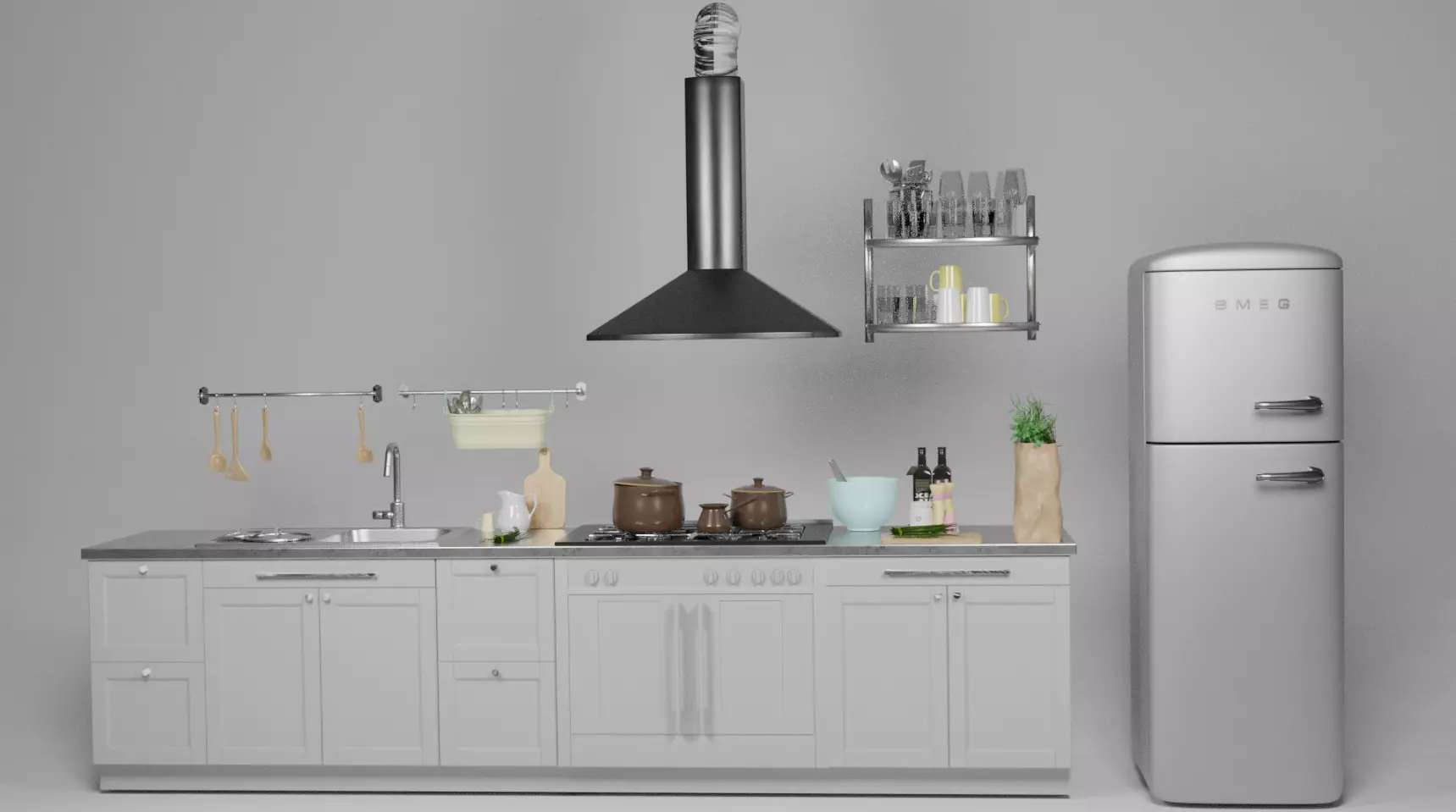 Kitchen Model with refrigerator and stove 3D model_0