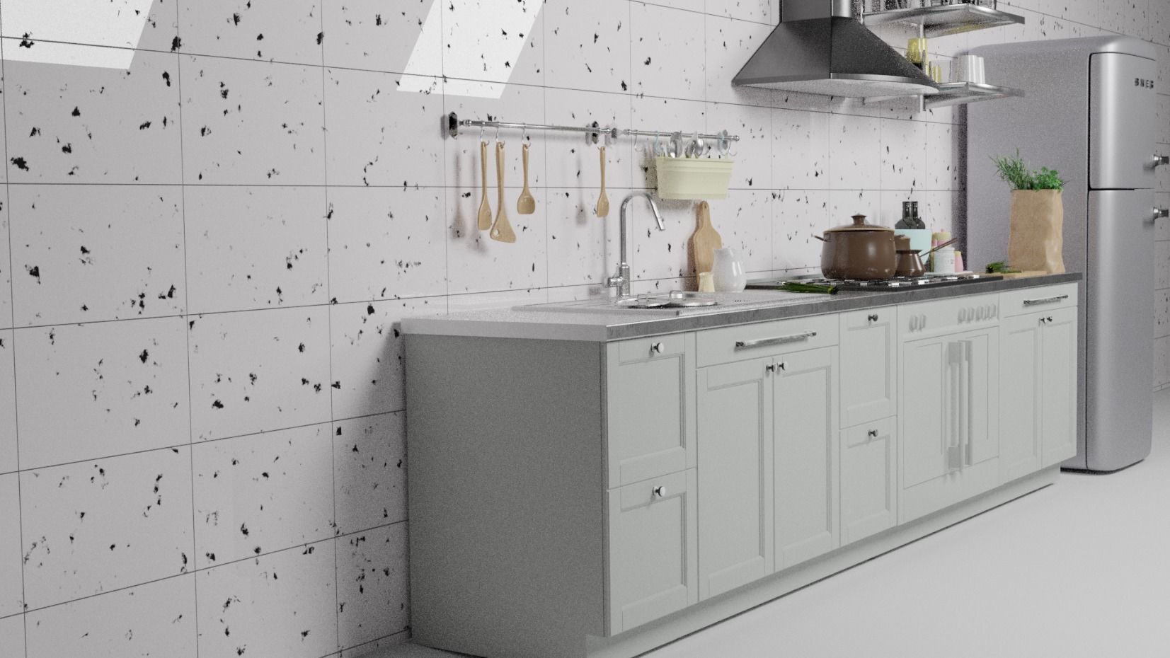 Kitchen Model with refrigerator and stove 3D model_4