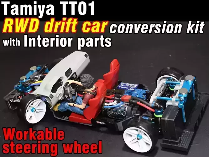 Tamiya TT01 RWD drift car conversion kit with interior parts 3D print model