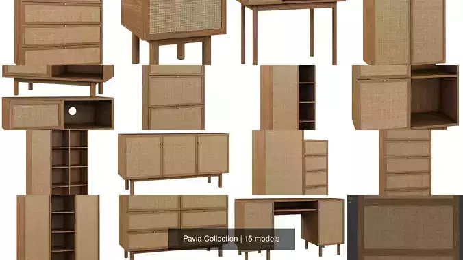Pavia Collection wooden cabinet with rattan shelves and drawers