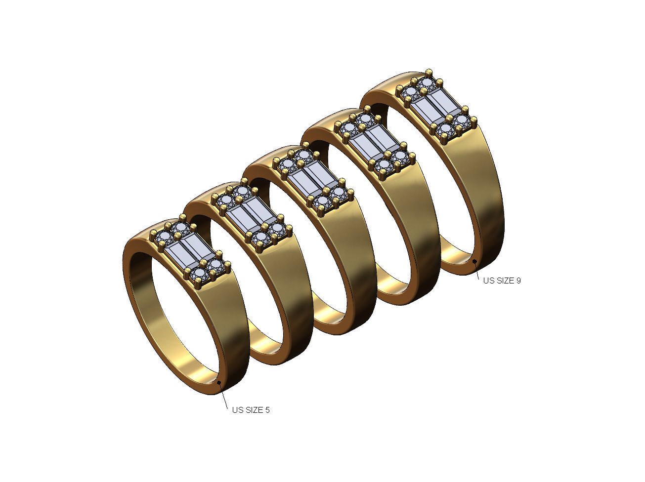 Diamond cluster rectangular ring Us sizes 5to9 3D model 3D printable ...