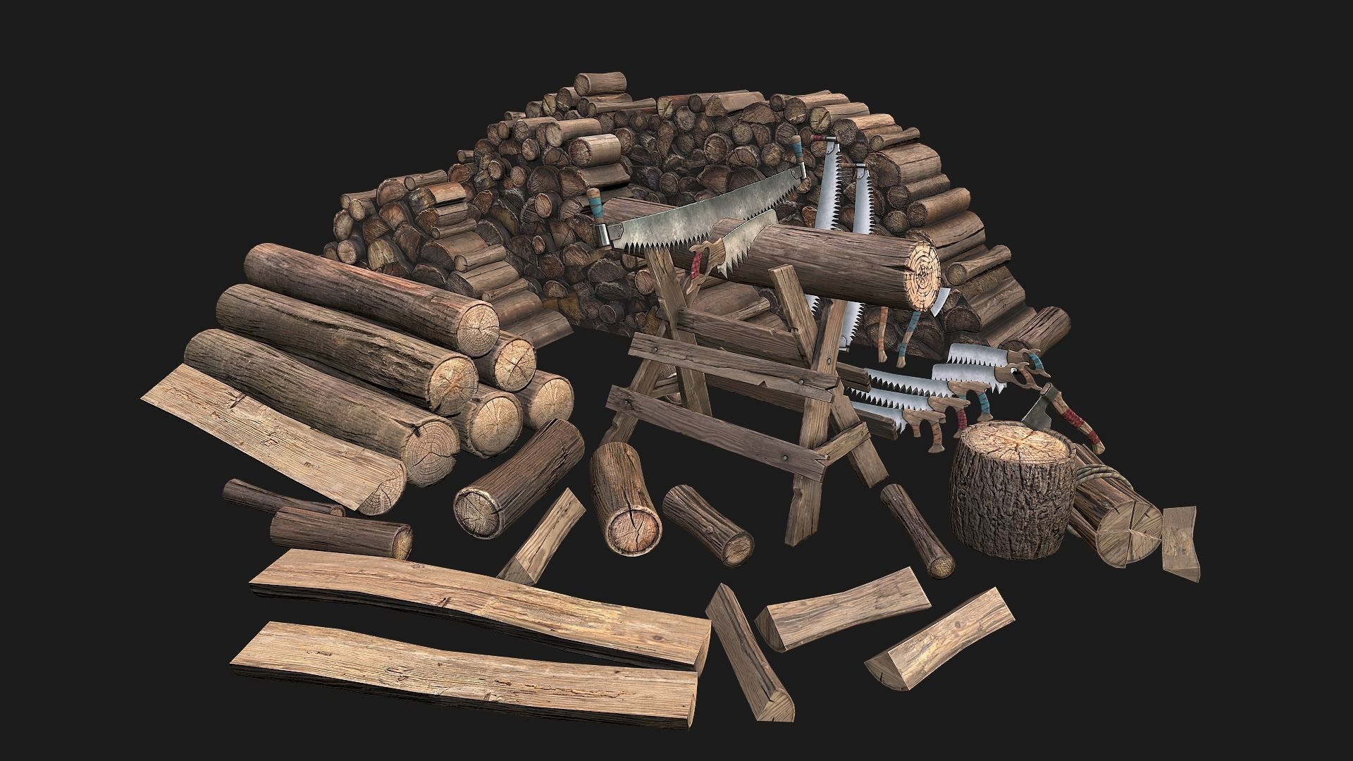 Large Set of Lumberjack and Firewood Low-poly 3D model_2