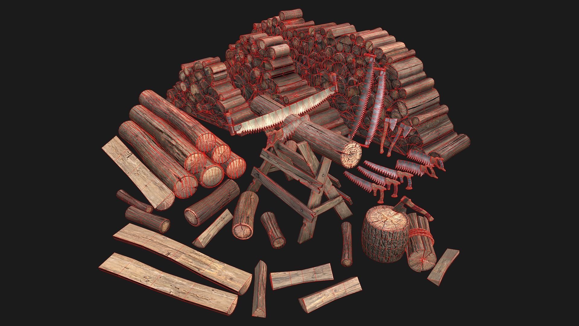Large Set of Lumberjack and Firewood Low-poly 3D model_4