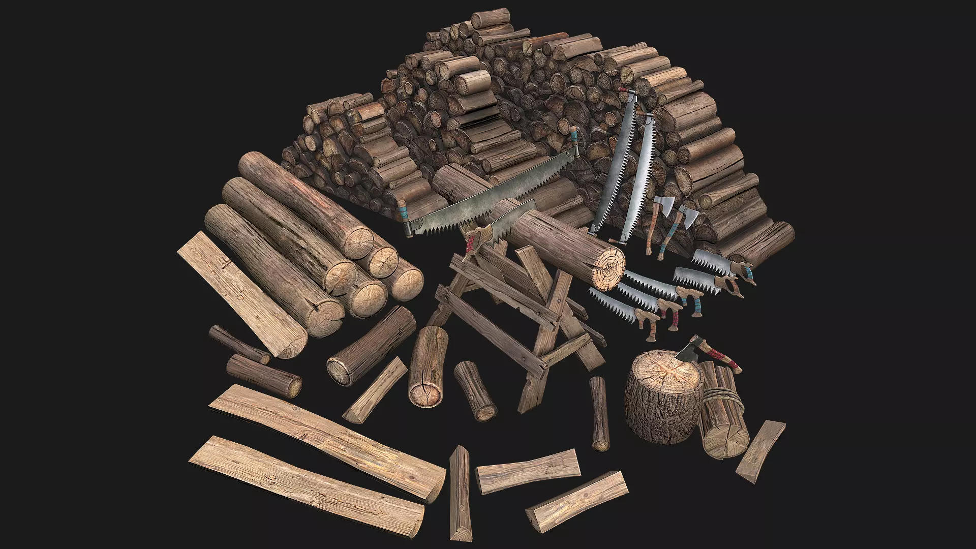 Large Set of Lumberjack and Firewood Low-poly 3D model_0