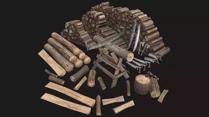 Large Set of Lumberjack and Firewood Low-poly 3D model