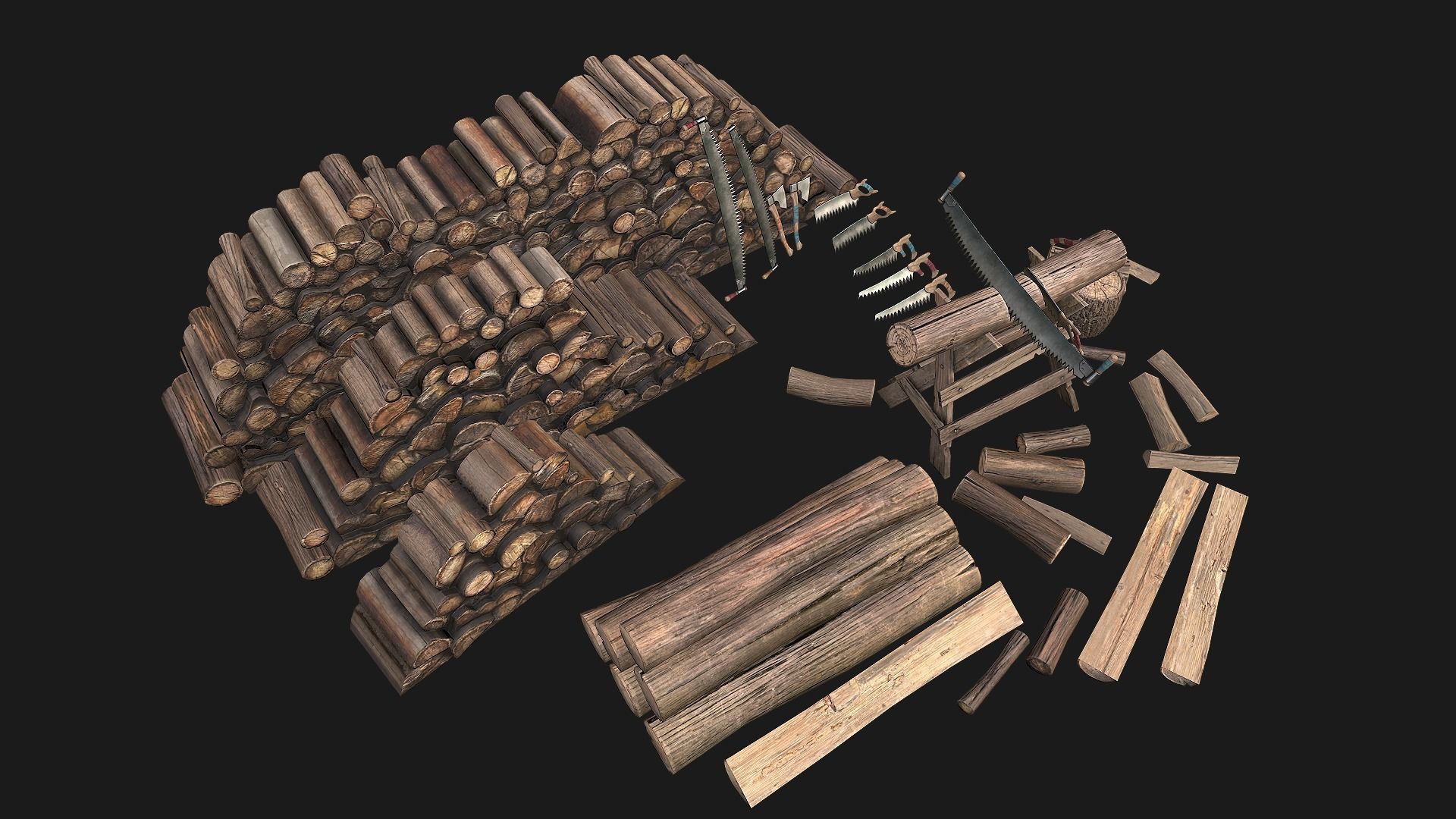 Large Set of Lumberjack and Firewood Low-poly 3D model_3