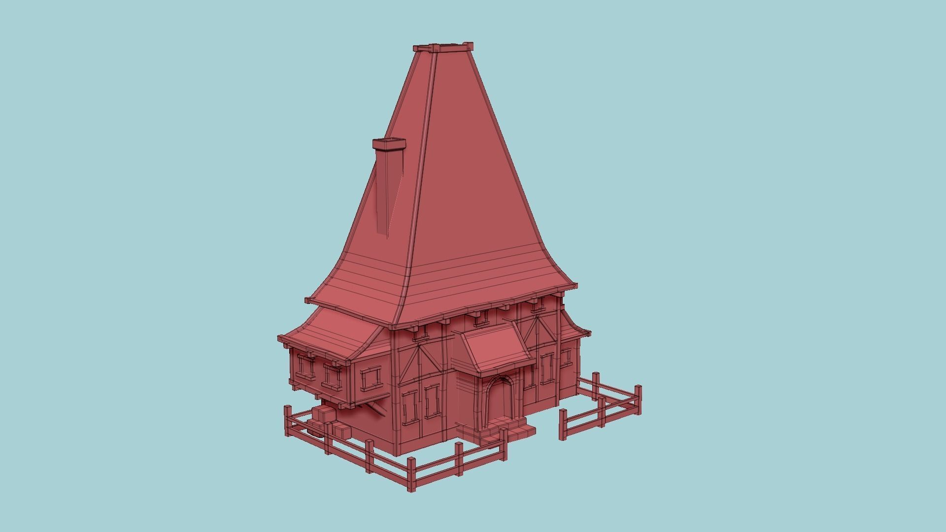 Medieval Building A01 Blue Cartoon - Scenery Backdrop House Low-poly 3D model_13