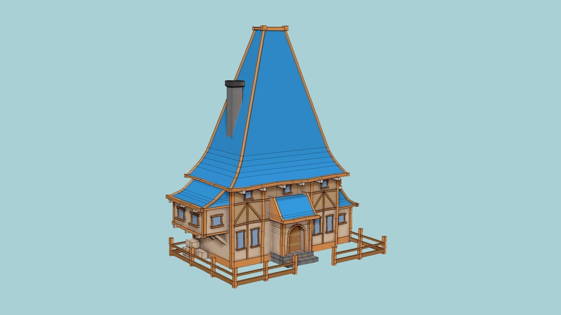 Medieval Building A01 Blue Cartoon - Scenery Backdrop House Low-poly 3D model_6