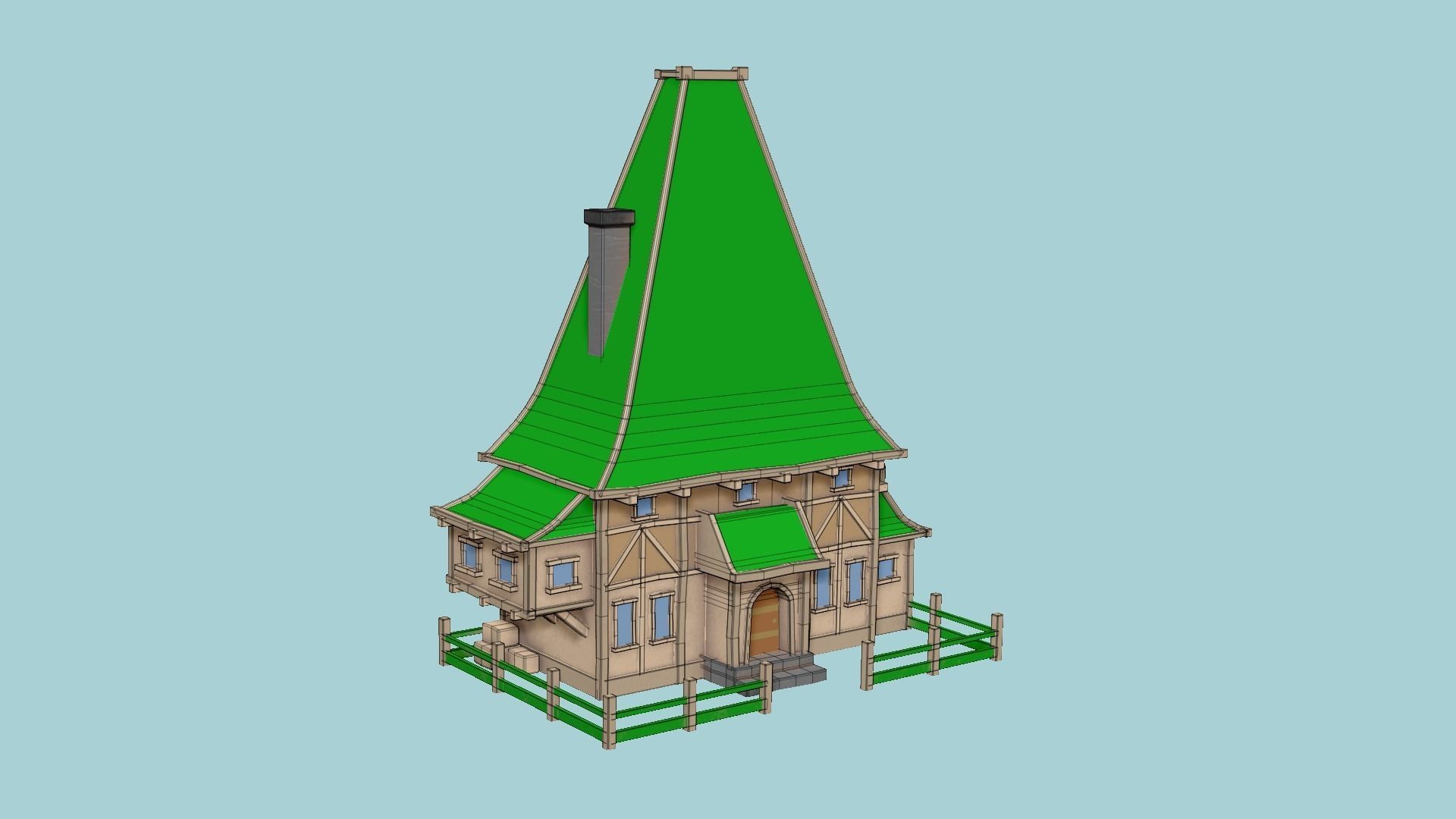 Medieval Building A12 Cartoon Green - Scenery Backdrop House Low-poly 3D model_6