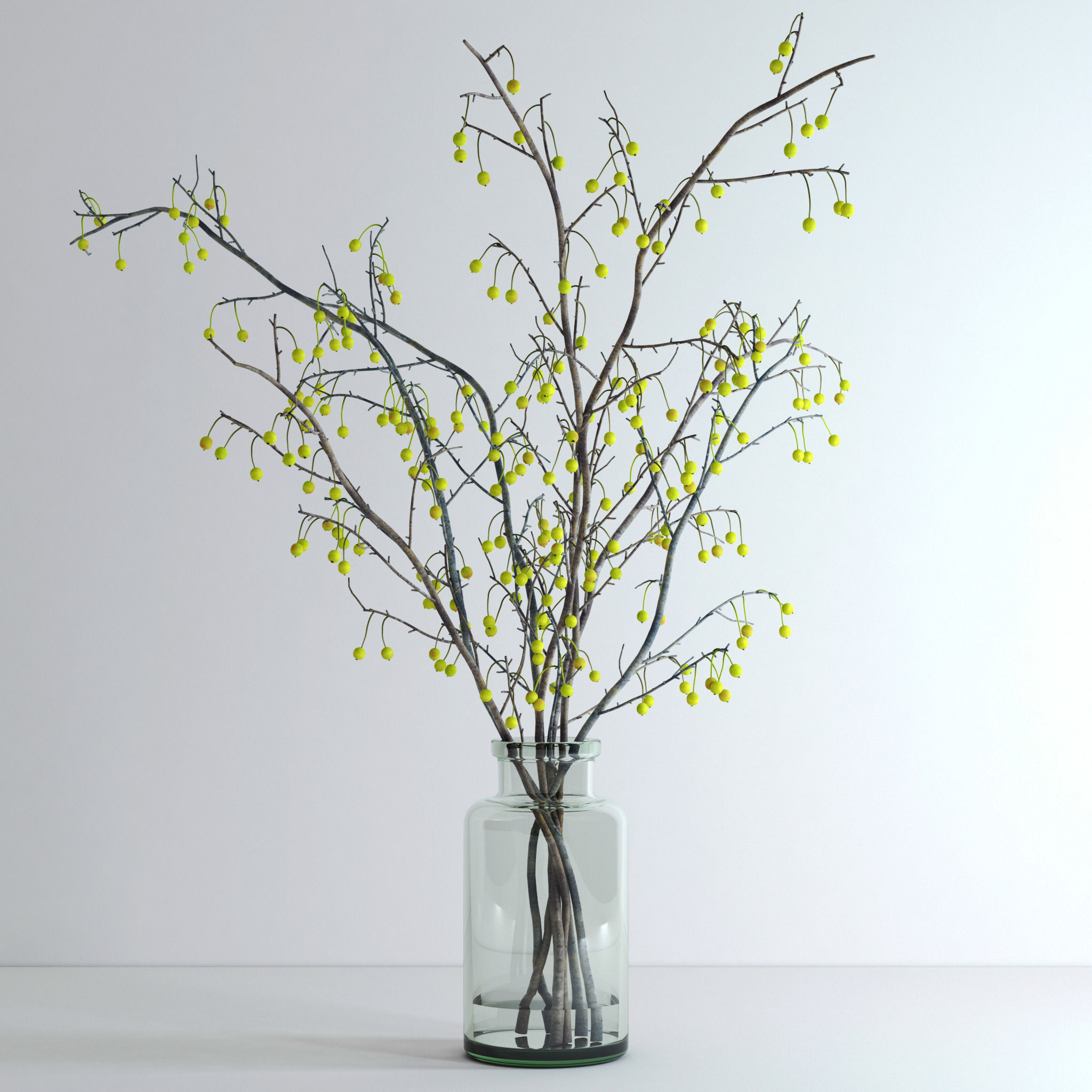 Crabapple branch in glass vase with flowers 3D model_1