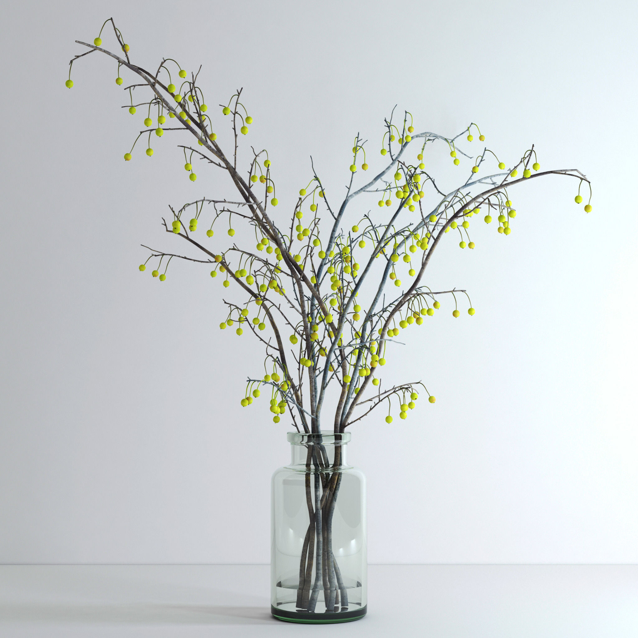 Crabapple branch in glass vase with flowers 3D model_4