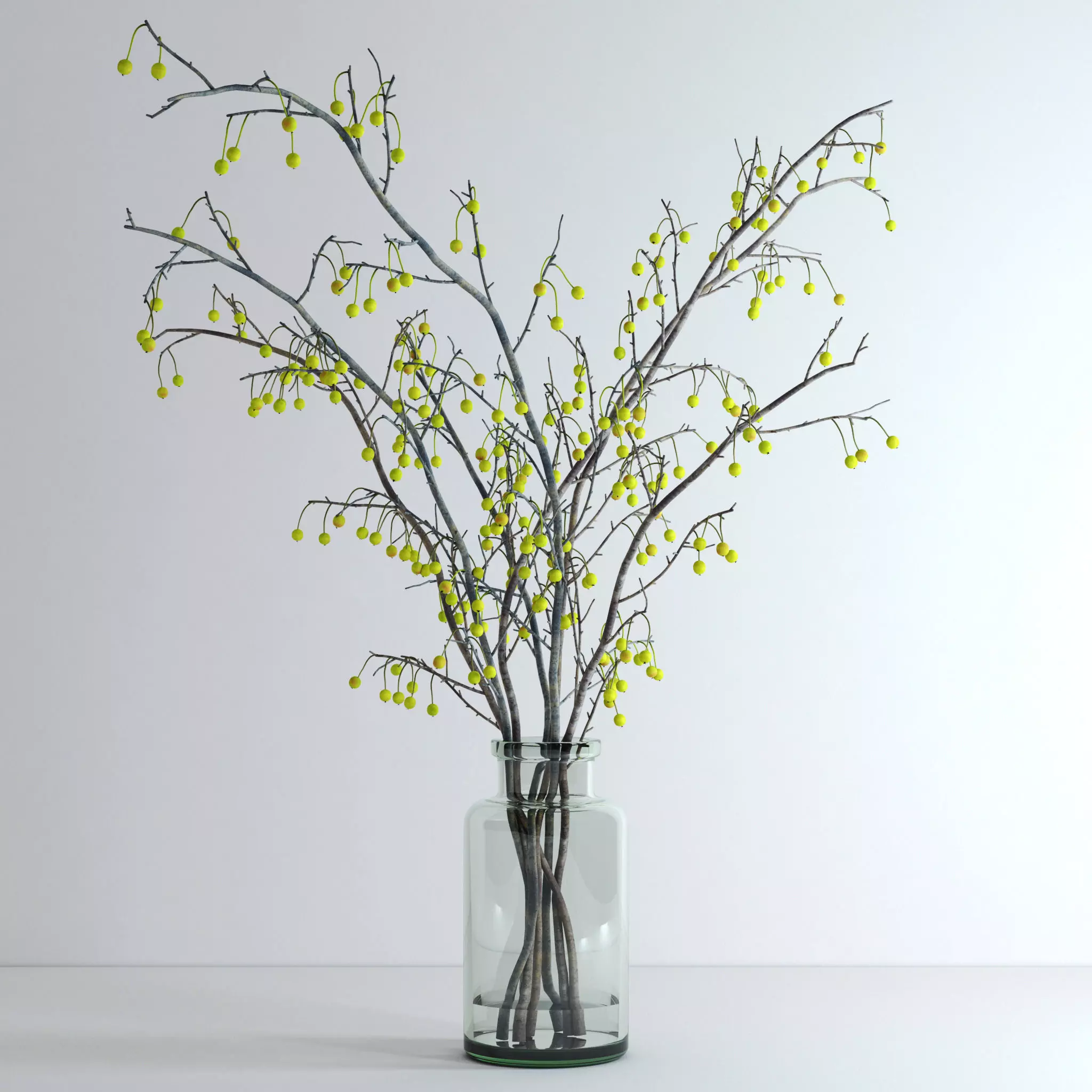 Crabapple branch in glass vase with flowers 3D model_0