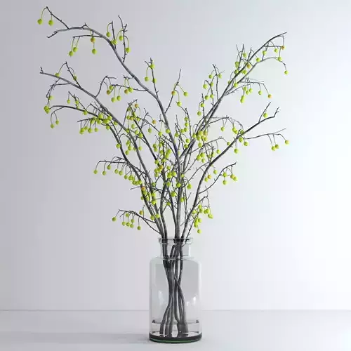 Crabapple branch in glass vase with flowers 3D model