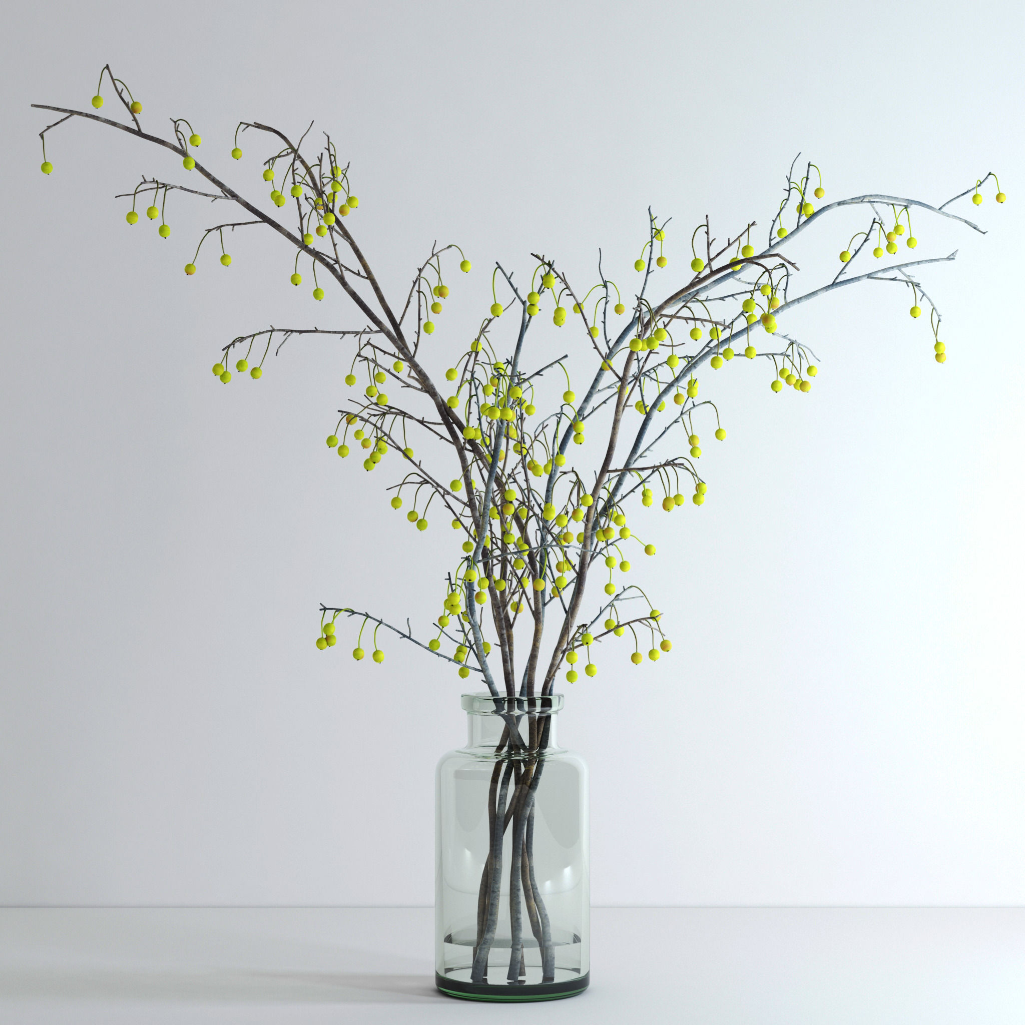 Crabapple branch in glass vase with flowers 3D model_3