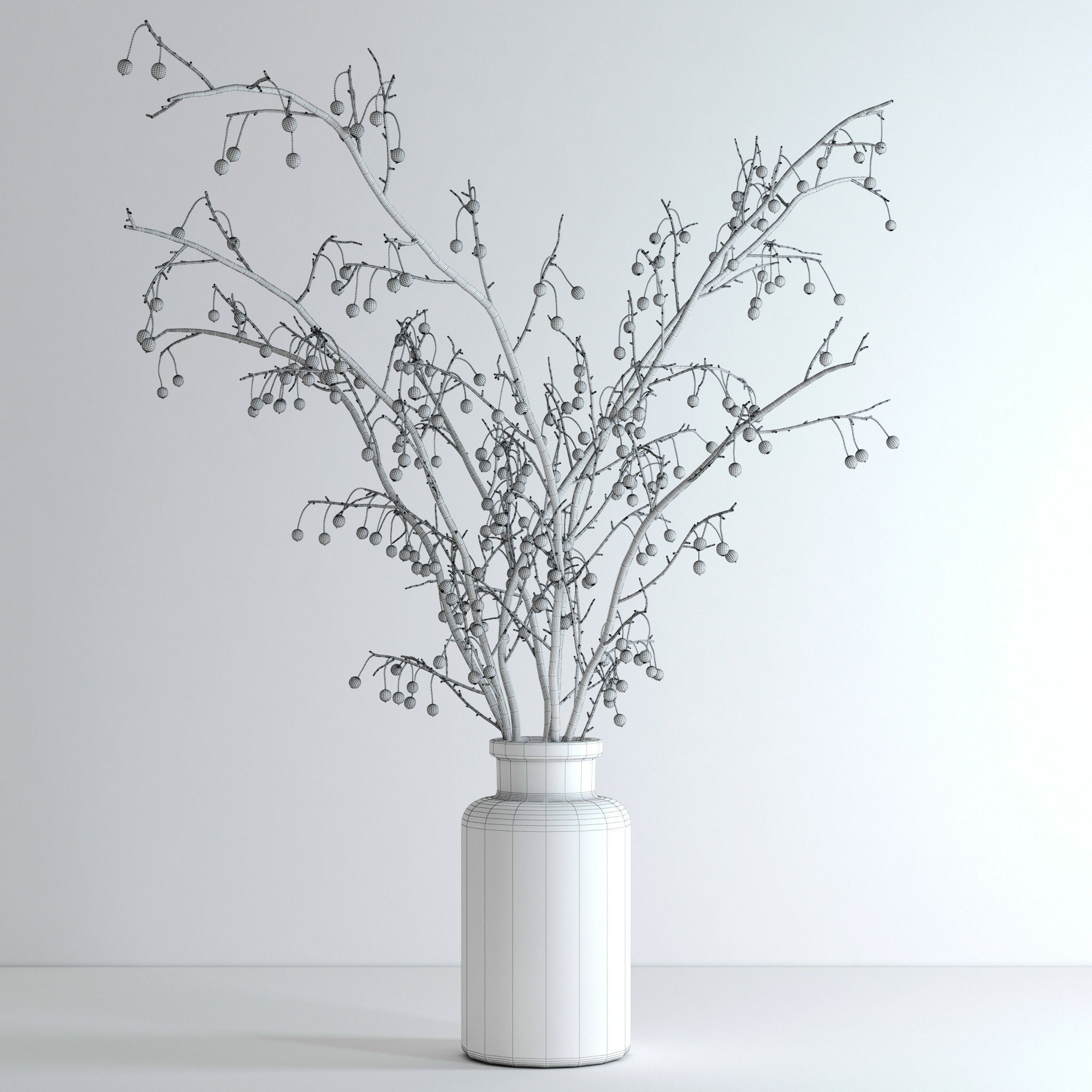 Crabapple branch in glass vase with flowers 3D model_5