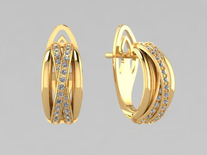 Earring two gold hoop earrings with diamonds 3D print model_1