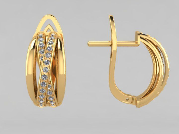 Earring two gold hoop earrings with diamonds 3D print model_2