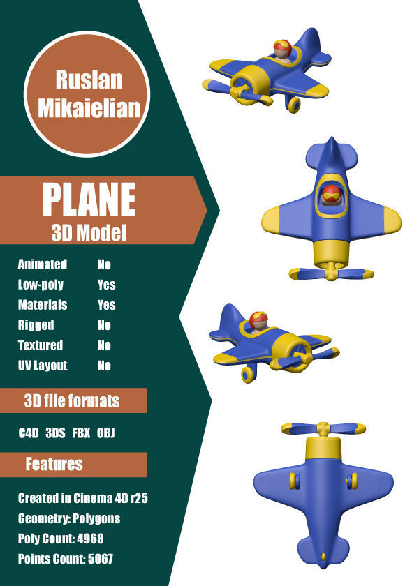 Cartoon Plane with Pilot Low-poly 3D model_1