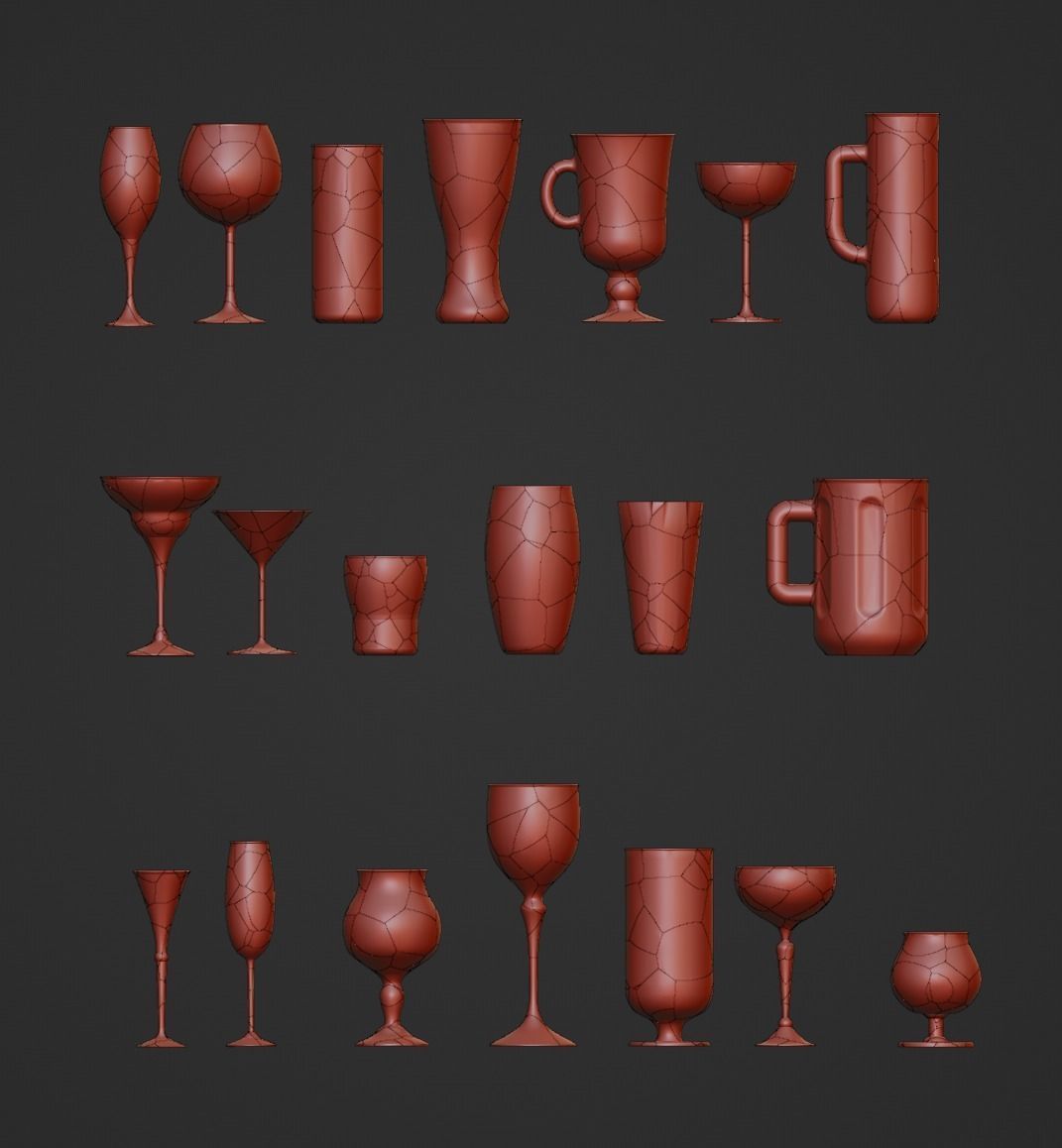 Glassware collection of 20 whole and broken glasses 3D model_9